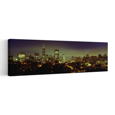 Buildings Lit Up At Night San Francisco California USA by Mark Denton - Wrapped Canvas Panoramic Print