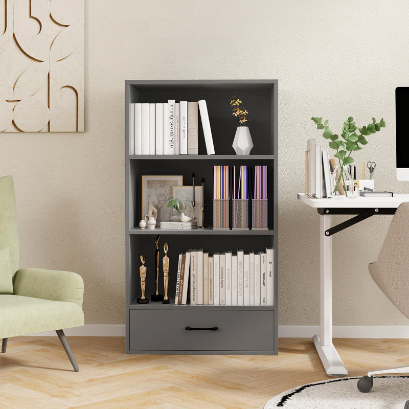 Bibliothèque à 4 niveaux H 42,5 po x l 24 po avec tiroir de rangement, Gris