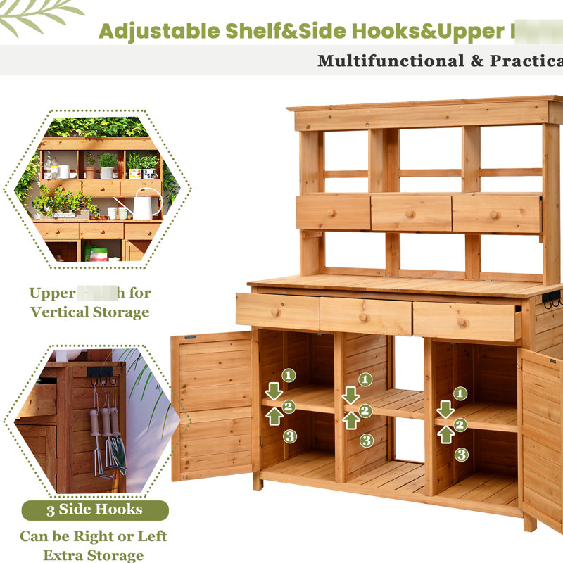  Tall Patio Workbench - Fir Wood, 6 Drawers, 2 Cabinets, 3 Adjustable Shelves, , Side Hooks, Ergonomic, Spacious For Garden, , Greenhouse, Kitchen H Garden Storage Bench Patio,