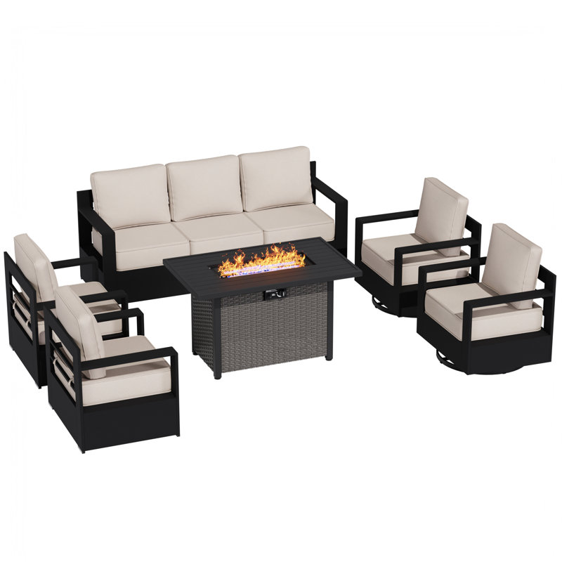 Ensemble de foyer d'extérieur moderne en aluminium pour 7 personnes Abdullah, canapé 3 places, 2 fauteuils pivotants et 2 avec coussins gris