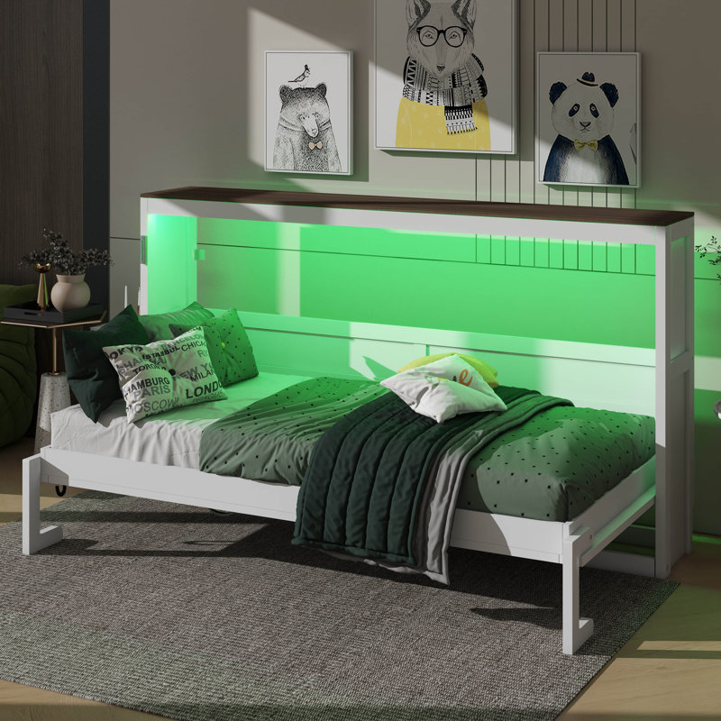 Lit escamotable simple avec éclairage à DEL, transformable en armoire, Blanc