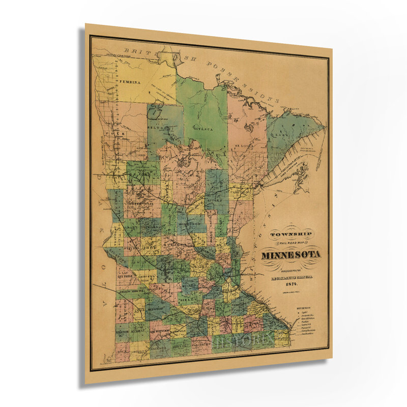 «1874 Minnesota Map», art mural, H 30 po x l 24 po x P 0,1 po