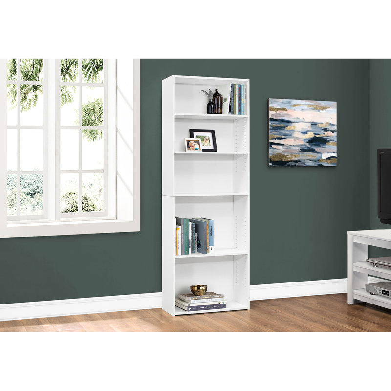 Bibliothèque à 6 niveaux, stratifié blanc H 72 "pour le bureau et la chambre à coucher, style transitionnel, 3 tablettes réglables dont 2 fixes, peu encombrante, quincaillerie basculante supplémentaire et niveau de bibliothèque de sécurité, inclus