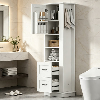 Grande armoire à linge de salle de bain autoportante avec tiroirs et crochets Tall
