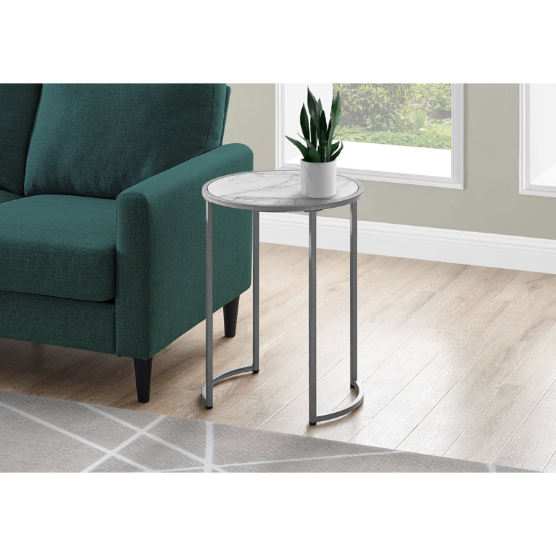 Round Accent Side Table/Nightstand For Living Room Or Bedroom, White Marble Look Top And Grey Metal, Contemporary Modern Style | Gift Idea