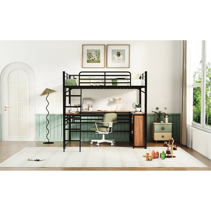 Lit mezzanine double en métal avec bureau en L et tablettes à 3 couches, noir. Pièce moderne de chambre à coucher essentielle. Solide. Facile à assembler. Maximise l'efficacité des tablettes noires. Solution spatiale. Construire.