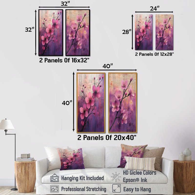 «Mauve printemps éveillé accentué avec or I» - ensemble de 2 fleurs de cerisier, H 28 po x l 24 po, Impression encadrée