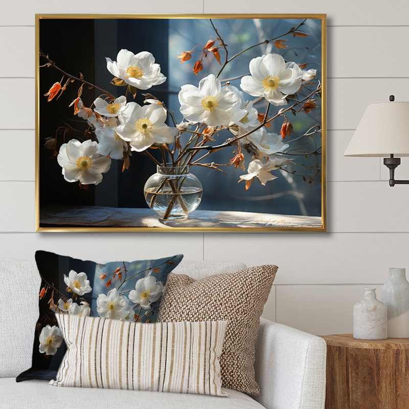«White Yellow Dogwood Stillife», reproduction d'art sur toile, H 12 po x l 20 po x P 1 po, Cadre flottant doré