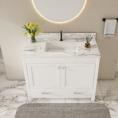 Ensemble de meuble-lavabo moderne 43 po avec plateau en fritté blanc Carrara, armoire de salle de bain multifonctionnelle avec portes et tiroir, cadre solide et panneau de fibres à densité moyenne (trou pour robinet)