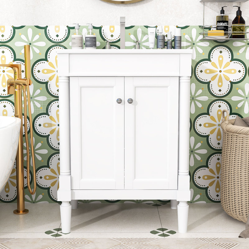 Sunde 24'' Single Bathroom Vanity with Ceramic Top, Modern Bathroom Storage Cabinet, White