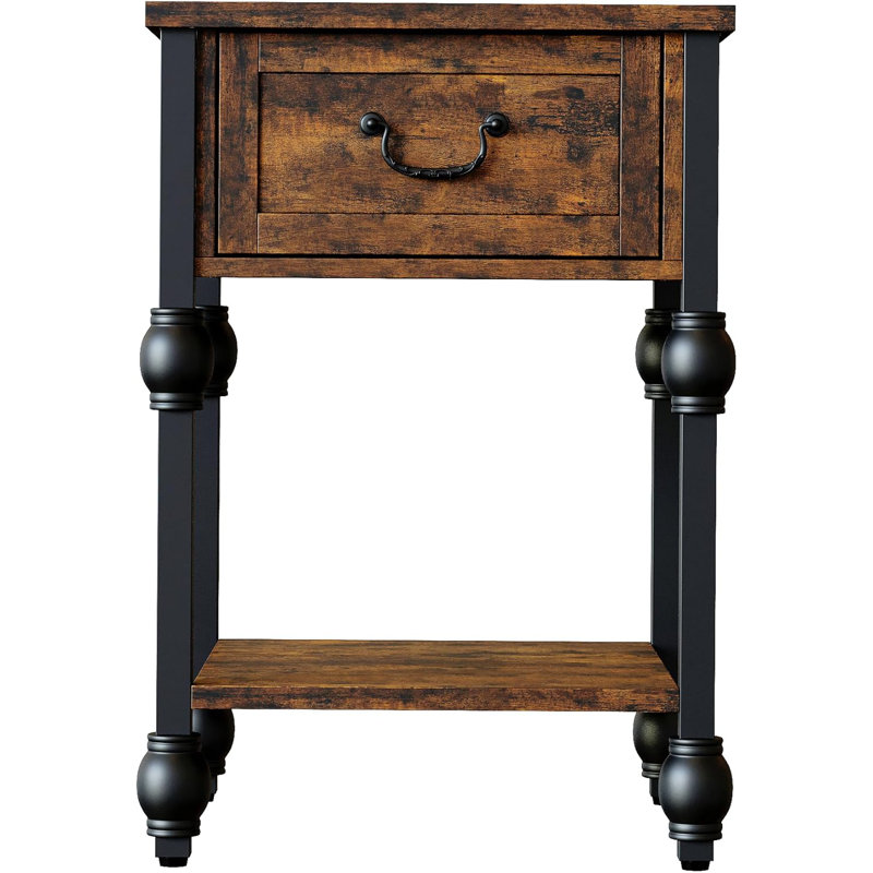 2-Tier Industrial Side Table with Drawer and Open Storage Shelf – Rustic Brown and Black Nightstand for Bedroom, Study, and Living Room – Space Saving End Table and Storage Solution