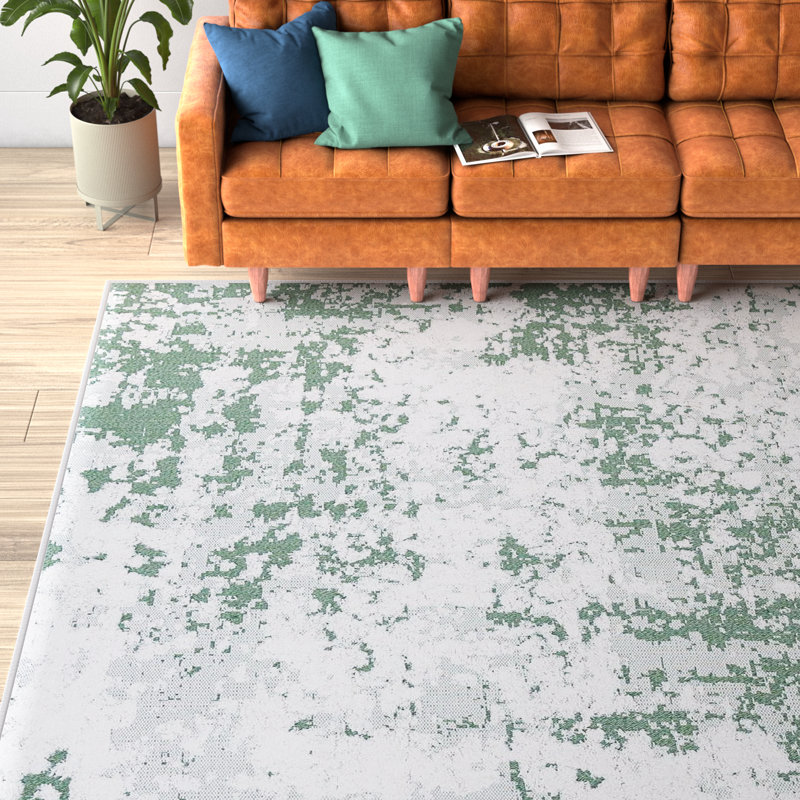 Tapis abstrait en coton tissé à la machine Heatherton en vert / blanc / gris, Rectangle 9 pi 10 po x 14 pi 1 po