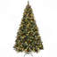 Arbre de Noël à charnières pré-décoré 9 pi avec 940 pointes givrées, 103 pommes de pin, 309 baies rouges, 600 lumières, base en métal pour les fêtes-252516331-252516324