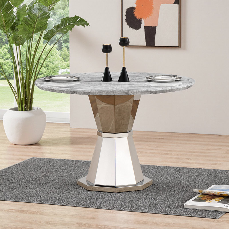 Table de salle à manger 47 po ronde moderne en faux marbre avec base en acier inoxydable pour la cuisine et la salle à manger - Gris argenté