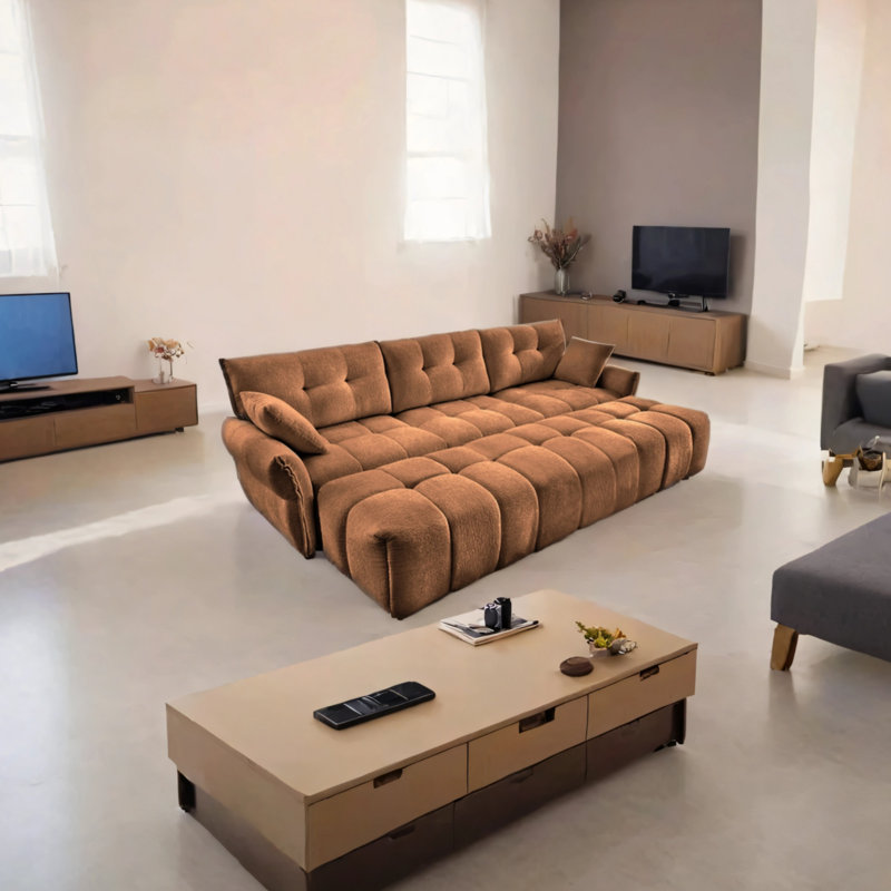 Ensemble de canapé à structure en bois massif avec trois repose-pieds, coussins, chenille de qualité et coussins à haute résilience