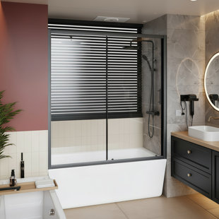 Porte de douche et de baignoire simple noire coulissante en verre trempé transparent de 1/5 po avec poignée en acier inoxydable, simple et durable.