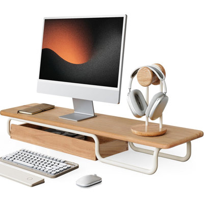 Dual Monitor Riser, 37 Inch Monitor Stand for Desk, Solid Wood Desk Shelf with Large Drawer Organizer, No Assembly