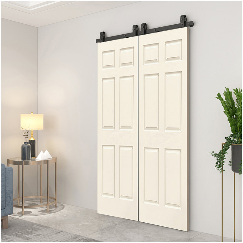 60-in x 84-in Beige MDF Double Bifold Barn Door with Black Hardware