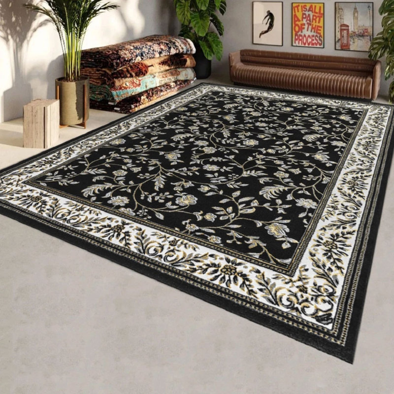 Floral Indoor / Outdoor Area Rug, Black, Round 120 cm