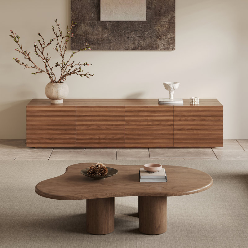 Wooden Tv Stand & Coffee Table Set Of 2, Wave-Textured Tv Console With Storage Drawers, Cloud Center Tables With Spacious Top For Living Room, Bedroom