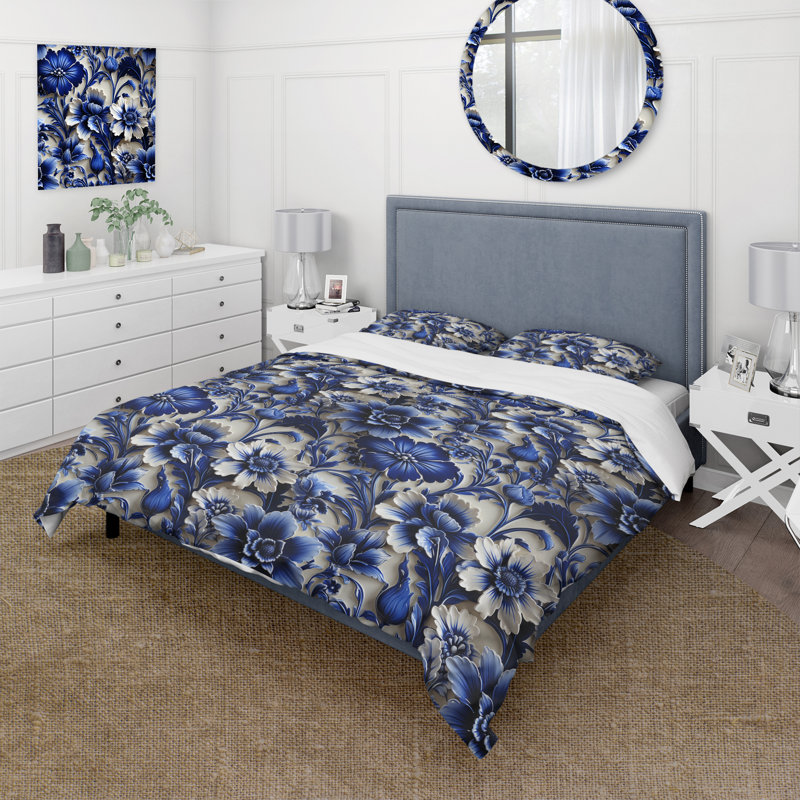 Ensemble de housse de couette Cobalt Blue Neo Gothic Victorian, Housse de couette pour très grand lit et 2 très