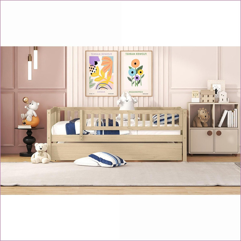Twin Size Pine Wood Daybed with Trundle &amp; Guardrails, No Box Spring Needed, Natural, Natural, Twin