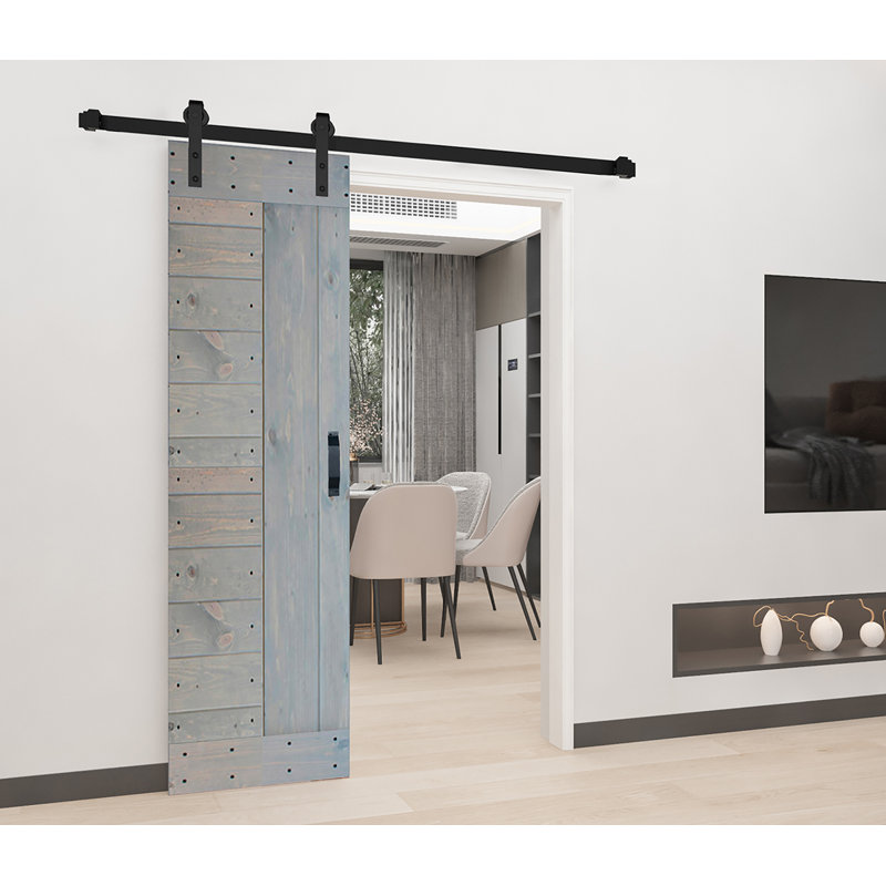 French Gray Paneled Solid Wood Sliding Barn Door Kit with Black Hardware