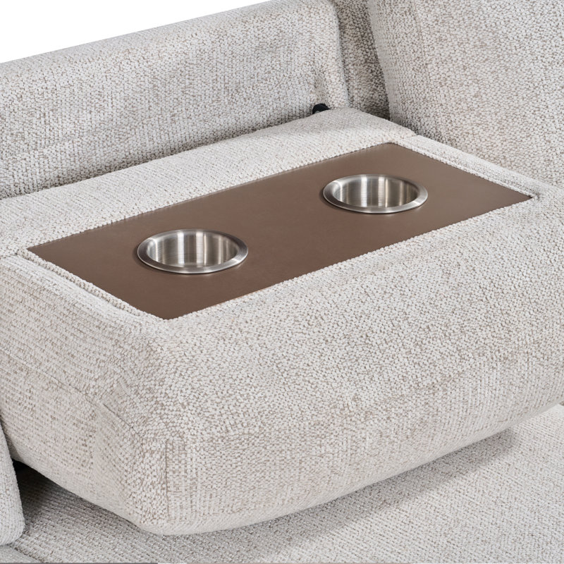 Canapé-lit d'angle réversible en forme de L avec méridienne de rangement, accoudoir amovible avec porte-gobelets, ports de chargement USB et Type-C, revêtement en lin avec tablette latérale, beige