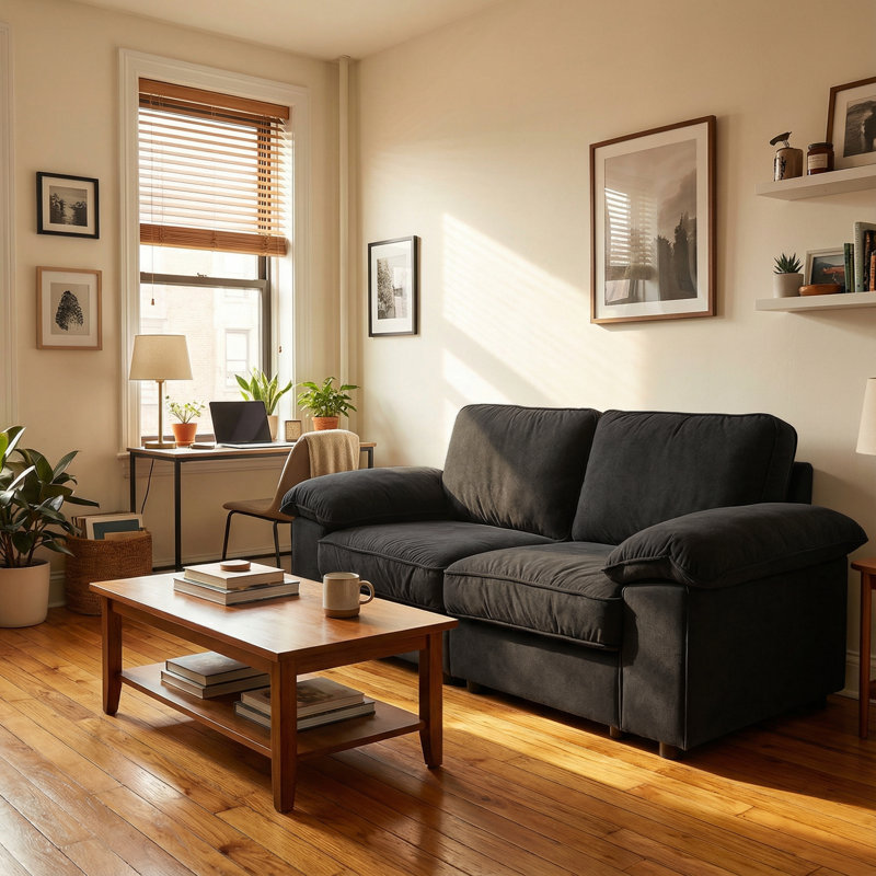 Canapé compact en velours noir avec rangement caché, causeuse 2 places pour petit appartement et studio, Noir