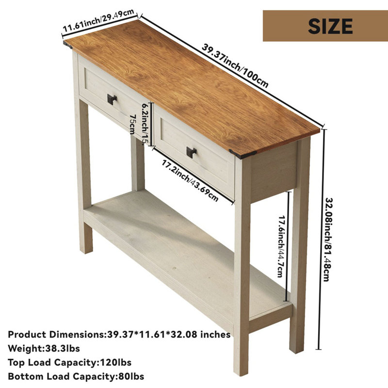 Farmhouse Console Table Entryway Table Sofa Table Rustic Side Table With Storage Drawer, Brown/White