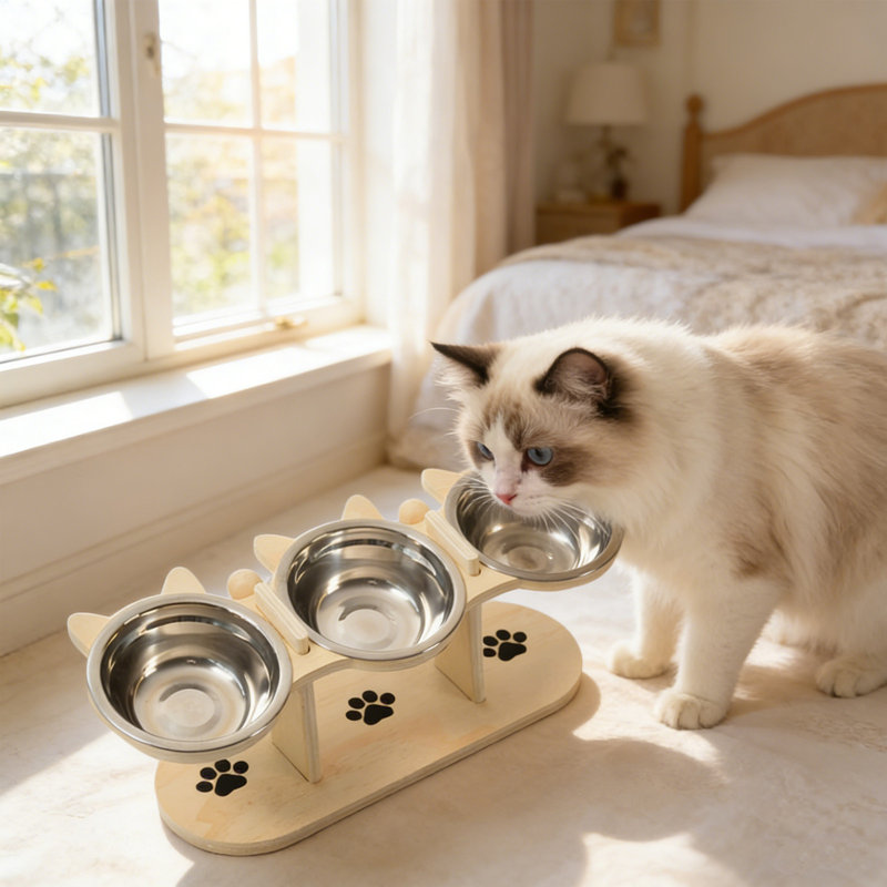 Mangeoire à bols en bois pour animaux avec plateau inclinable réglable en bois pour animaux, 16,85 x 6,29 x 5,9 po, beige
