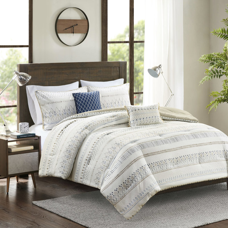Édredon imprimé en seersucker double / grand - bleu doux et taupe à motif géométrique 2 taies décoratives, literie lavable 5 pièces avec machine décorative