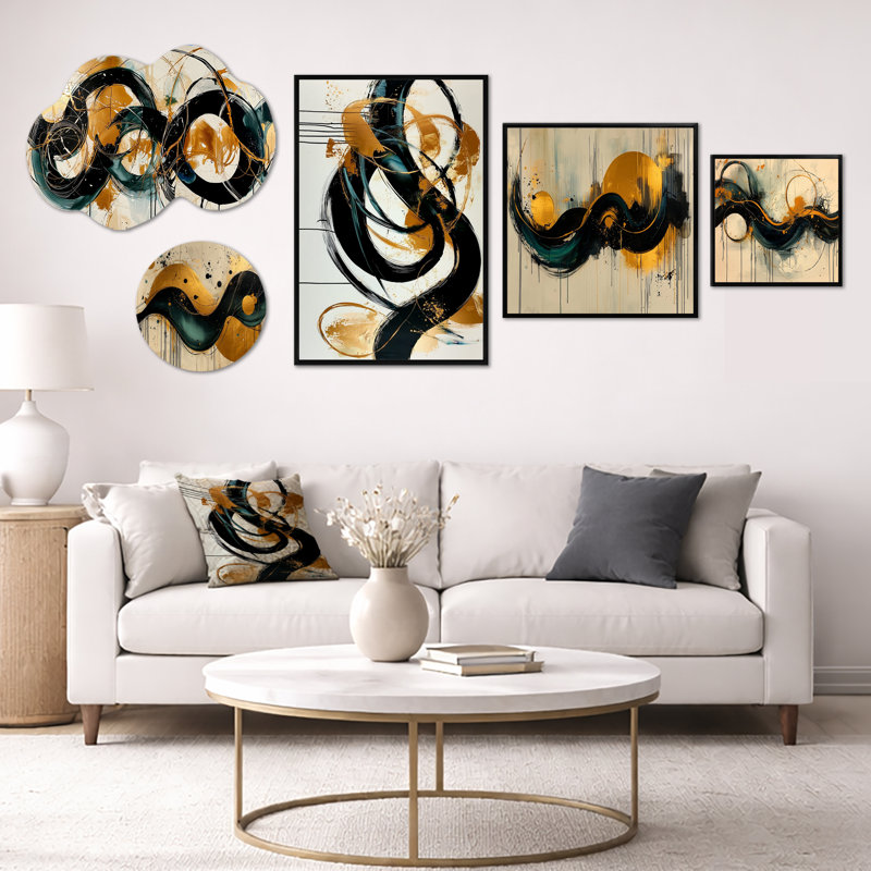 Gold Black Optical Play Spiral I – Extra Large Abstract Wall Art, Framed Canvas and Metal Print 5 Piece Set (100" x 40")
