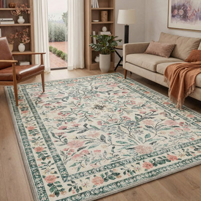 Verdant Floral Vines Machine Washable Green / Pink / Beige Indoor Area Rug with Non-Slip Backing