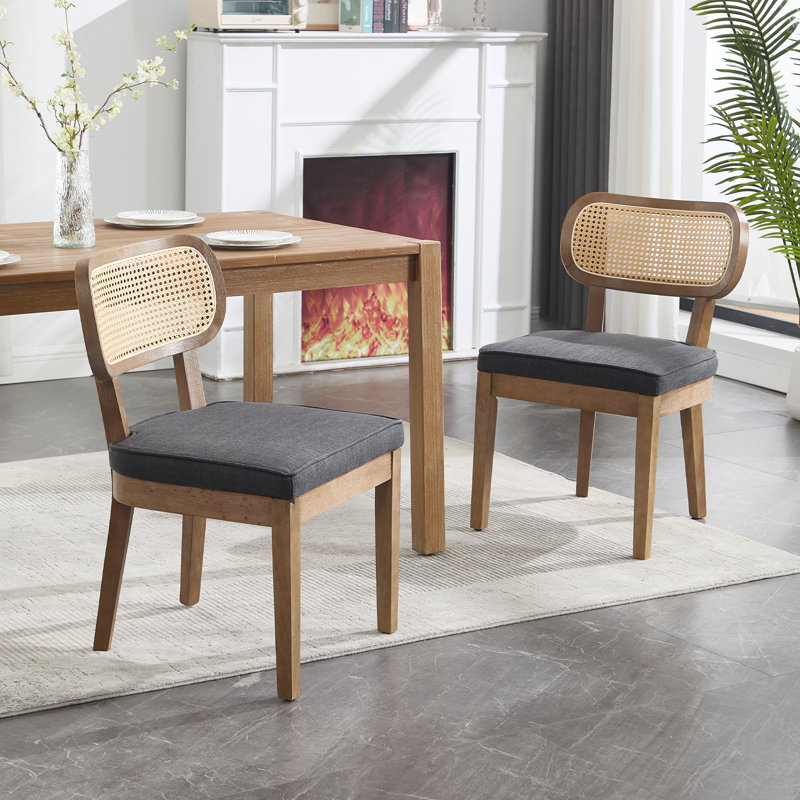 Rattan Dining Chairs Farmhouse Dining Room Chairs Wooden Kitchen Chairs Side Chairs With Cane Backrests, Charcoal/Brown