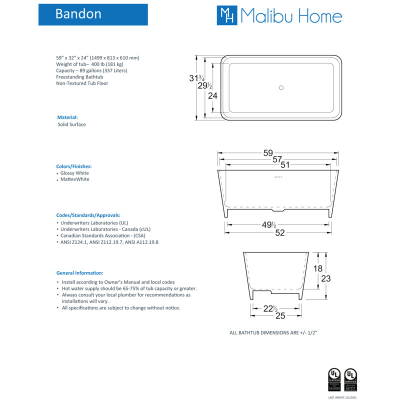 Bandon 59" x 32" Freestanding Soaking Solid Surface Bathtub, Matte White