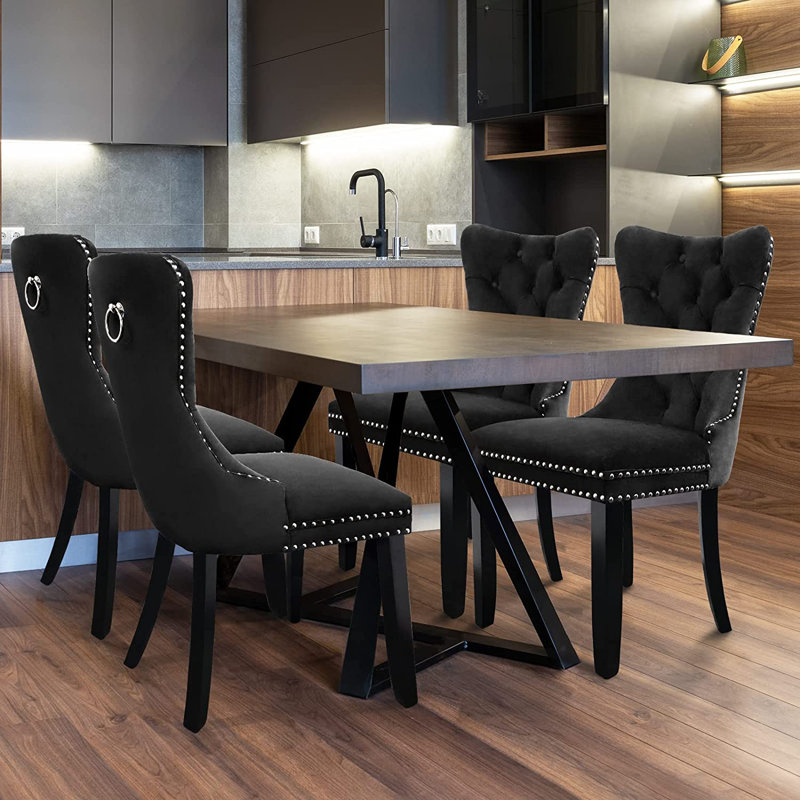 Chaises de salle à manger, chaise de salle à manger rembourrée haut de gamme avec anneau clouté, Noir, 6, Black