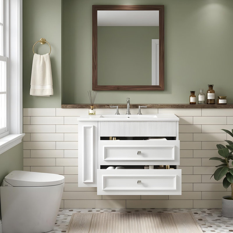 Meuble-lavabo mural avec tiroirs et tablettes, Blanc