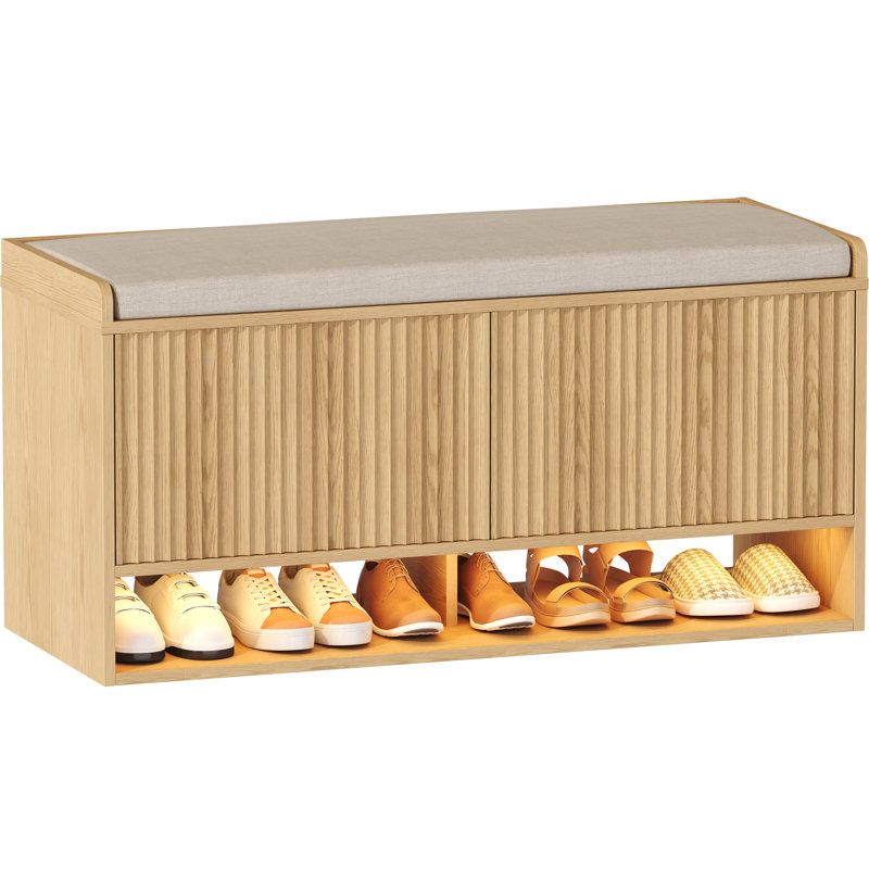 Banc à chaussures 39,4 po avec rangement et lumière DEL, Bois naturel