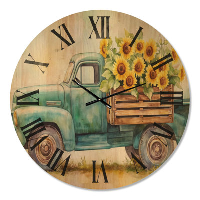 Horloge murale nature en bois - Camion rétro avec caisse de fleurs