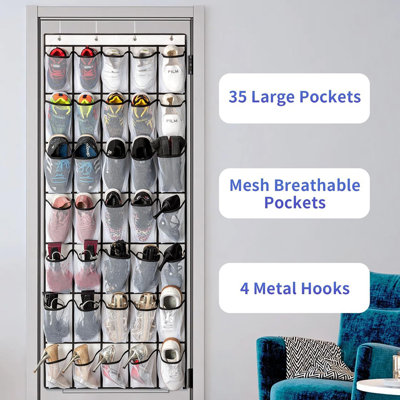35 Pockets Over The Door Shoe Organizer, Hanging Shoe Organizer For Door With 35 Mesh Pockets Large Capacity Shoe Hanging Storage Bag With 4 Metal Hooks (white