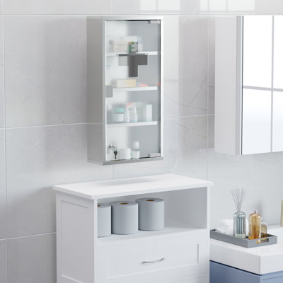 4 Tier Shelves Locking Meds Container, Stainless Steel, 12"X24", Silver, Wall Mounted Lockable Storage With Shelves,