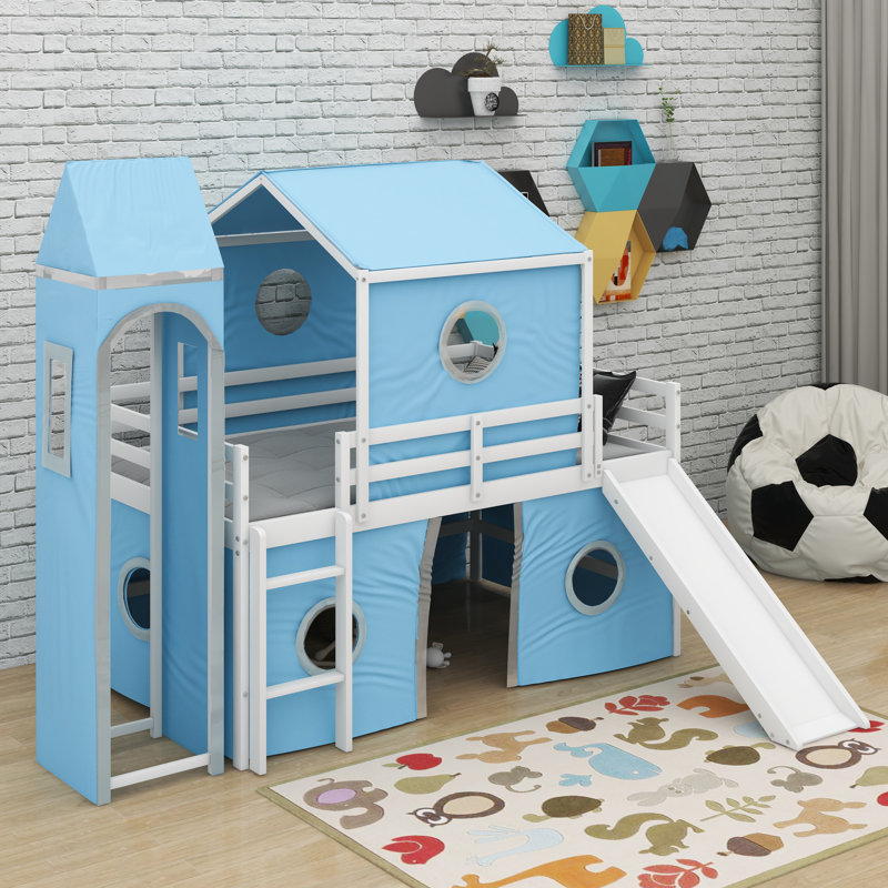 Lit mezzanine simple avec tente et tour rose Slide, Bleu