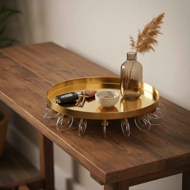 Decorative Metal Tray with Acrylic Ring Base for Home Decor - Accent Tray for Ottoman, Coffee Table, Jewelry, Kitchen, or Trinket - 16", Gold