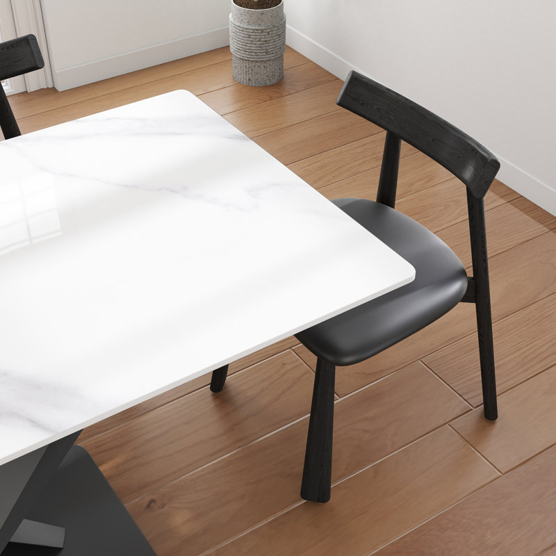7-Piece Modern Rectangular Sintered Stone Dining Table Set With 6 Faux Leather Chairs, Black, Snow White
