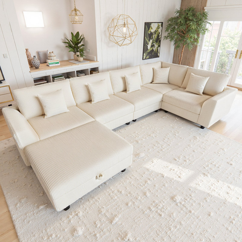 Canapé-lit modulaire en velours côtelé de 6 pièces avec repose-pieds et rangement