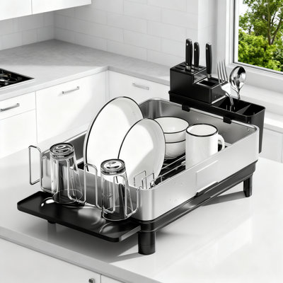 Stainless Steel Dish Drying Rack With Automatic Drainage, Space Saving Kitchen Counter Organizer With Utensil And Cup Holders For Efficient Drainboard Storage