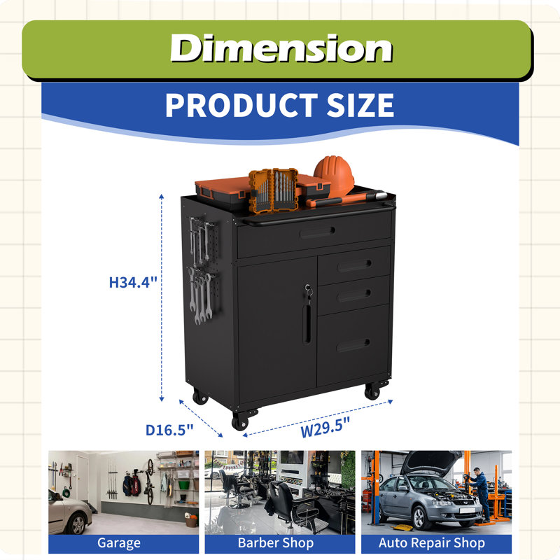 34.3" Mobile Tool Storage Cabinet - Garage Organizer With Lockable Compartment & 4 Drawers