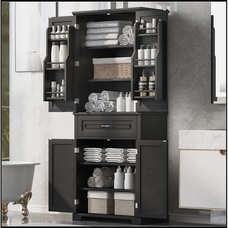 Armoire de salle de bain polyvalente avec plusieurs compartiments et tablettes réglables pour un rangement optimal, Noir