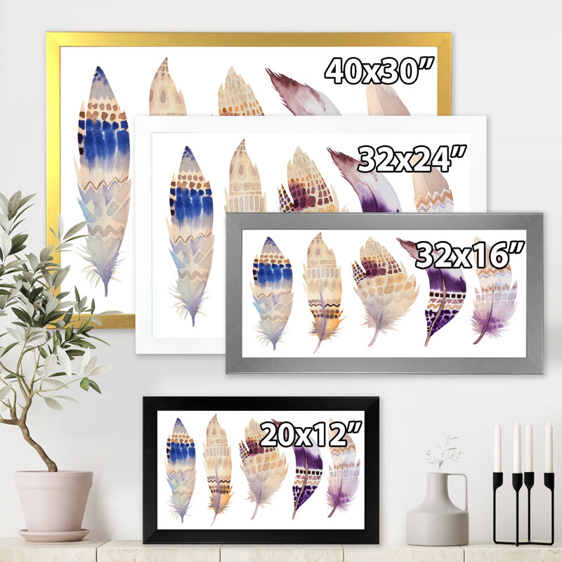 Plumes d'ethnie bohémienne mauve - peinture sur toile encadrée, Cadre noir, H 30 po x l 40 po x 1,5 po